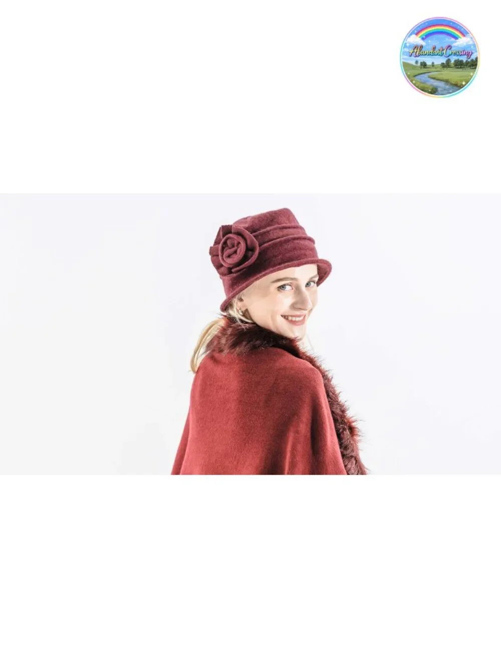 Vintage Wool Cloche Bucket Hat with Flower - Packable Winter Hat for Travel &